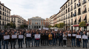 Peaceful housing affordability demonstration in Madrid, Spain, amid the election debate over rising housing costs.