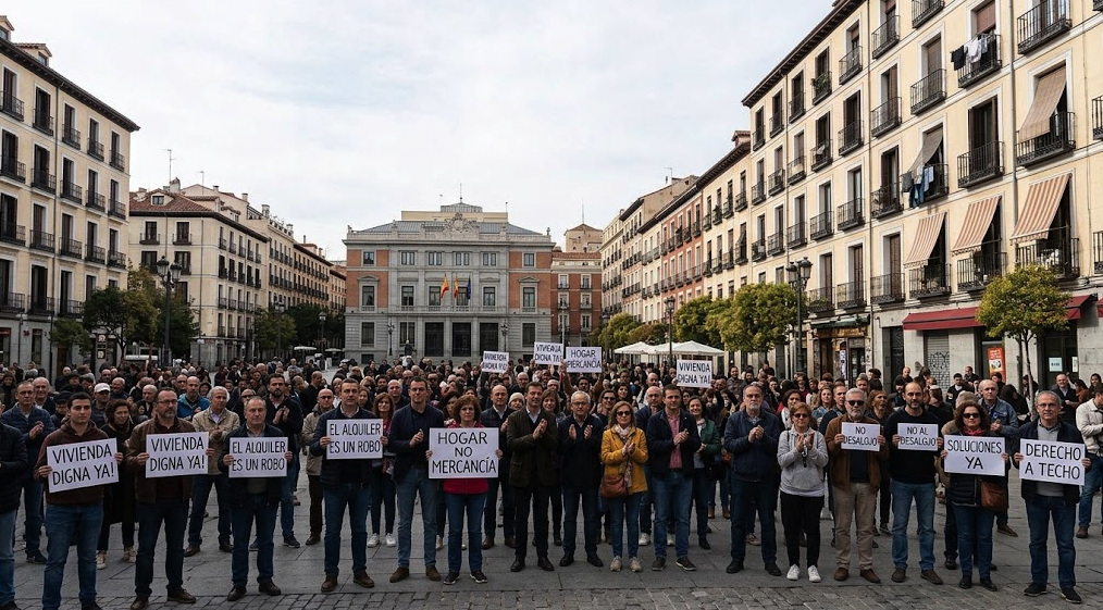 Peaceful housing affordability demonstration in Madrid, Spain, amid the election debate over rising housing costs.
