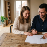 A tenant and landlord discussing a lease agreement document in a modern apartment, reflecting Spain's new housing decrees.