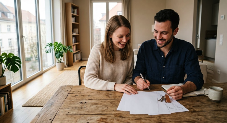 A tenant and landlord discussing a lease agreement document in a modern apartment, reflecting Spain's new housing decrees.