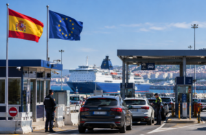 Spanish and EU flags at a port border checkpoint with cars, police officers and a passenger ferry.