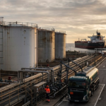 Spain's oil storage tanks and industrial pipelines illustrating the strategic oil reserves release.