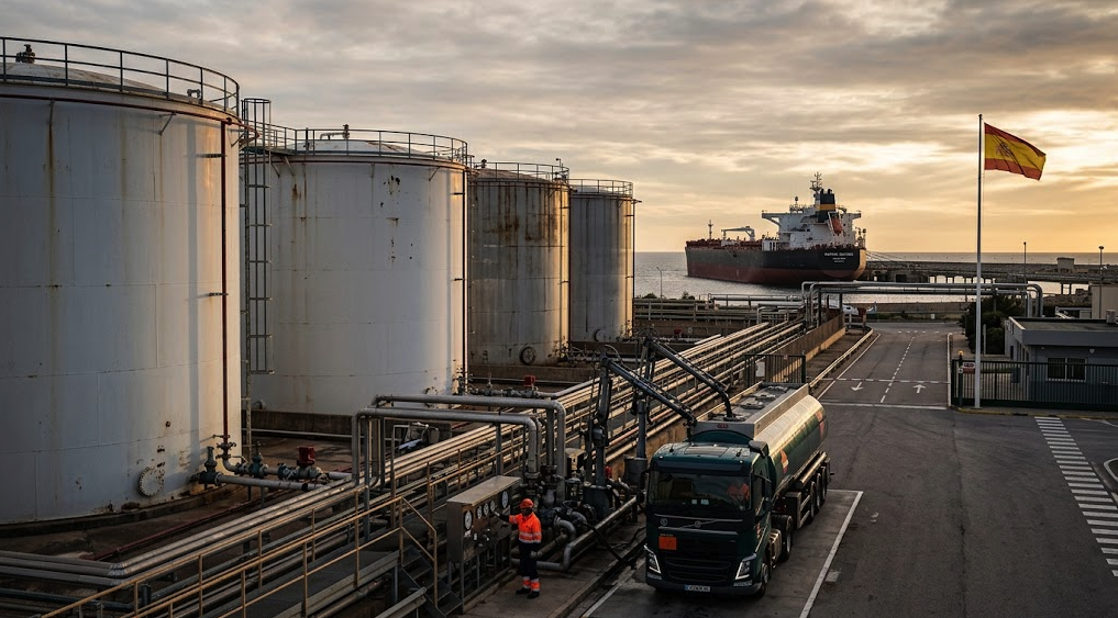 Spain's oil storage tanks and industrial pipelines illustrating the strategic oil reserves release.
