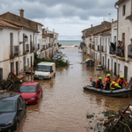 Flooding in eastern Spain after torrential rain from Storm Adam, with submerged cars and emergency responders.