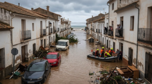 Flooding in eastern Spain after torrential rain from Storm Adam, with submerged cars and emergency responders.