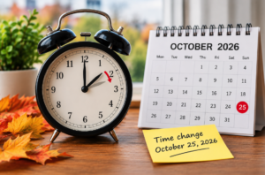 Clock and calendar showing Spain’s time change on October 25, 2026