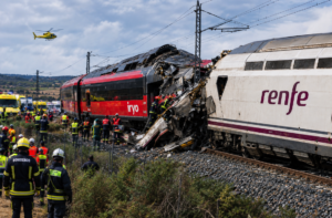 AI-generated illustration of a high-speed train collision and emergency response near Urda, Toledo, Spain.