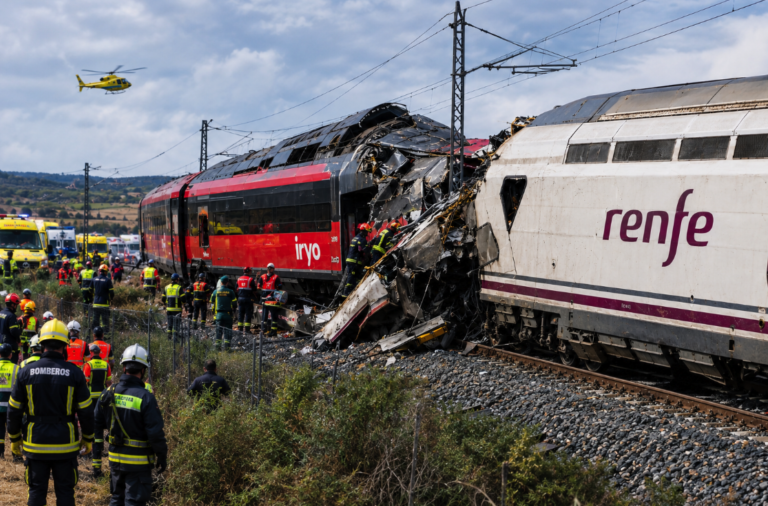 AI-generated illustration of a high-speed train collision and emergency response near Urda, Toledo, Spain.