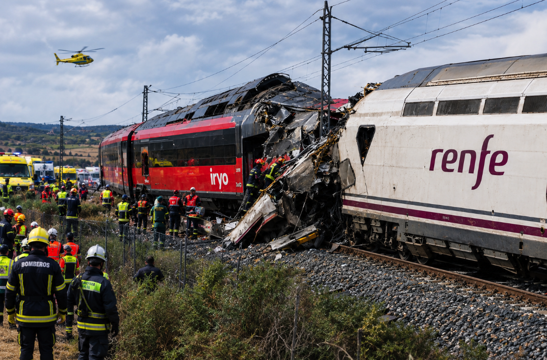 AI-generated illustration of a high-speed train collision and emergency response near Urda, Toledo, Spain.