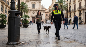Local police officer in Valencia during a crackdown on littering and uncollected dog waste.